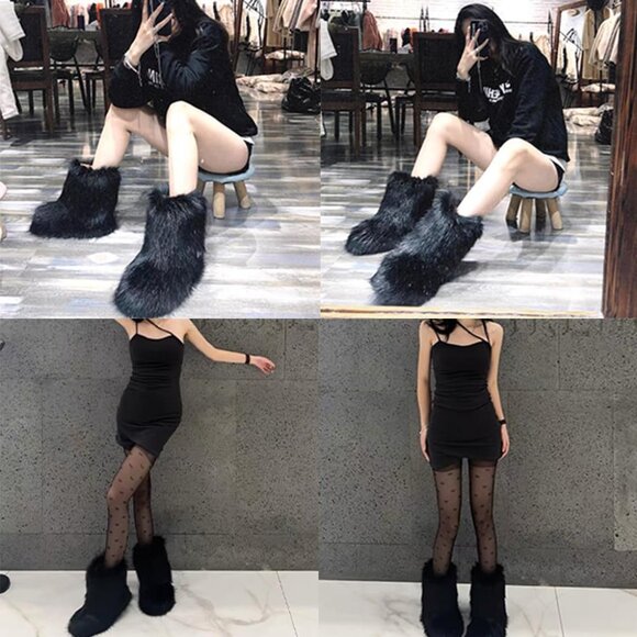 ⚡Women Dark Gray Faux Fur Winter Warm Knee High Flat Heel Fluffy  Snow Fur Boots - Picture 5 of 9